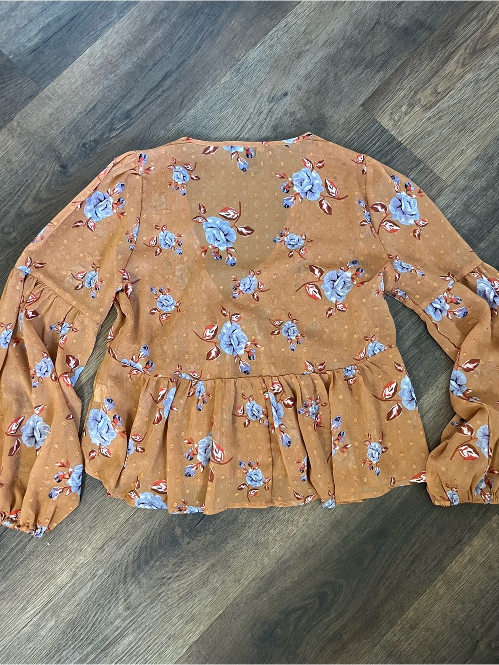 Forever 21 Rust-Orange Boho Floral V-Neck Babydoll Flowy Blouse with Blue Roses - Picture 9 of 9